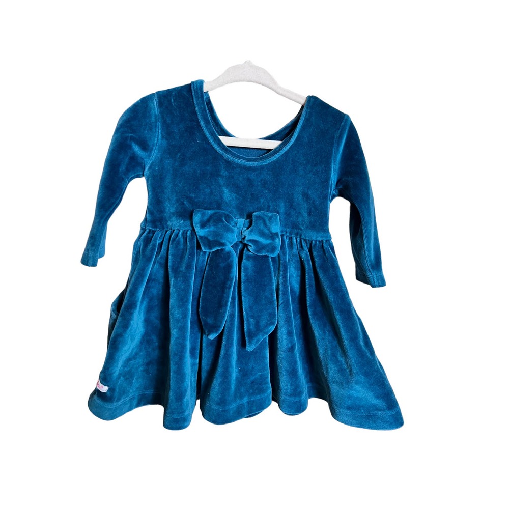 Ruffle butts green velour baby girl dress with bow and pockets 18 to 24 months